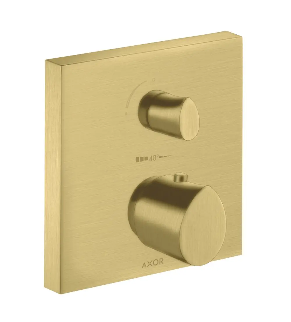 Thermostat-Unterputz mit Bedienknöpfen für Temperaturregelung und Umstellventil, in gebürstetem Messing, Marke AXOR.